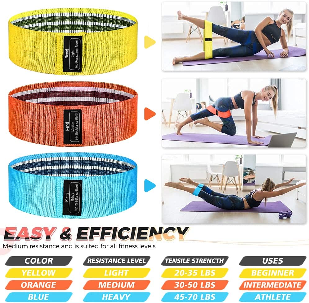 Renoj Resistance Bands - 3-Piece Professional Exercise Set for Pilates, Yoga, Home Gym | Heavy, Medium, Light Fabric Loops for All Fitness Levels