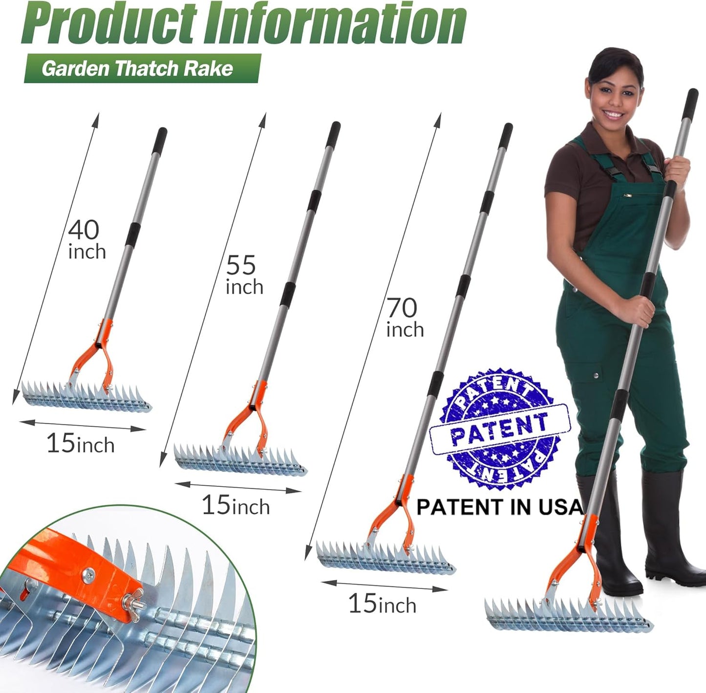 15-Inch Thatch Rake - Durable Steel Dethatcher for Lawn & Garden Care