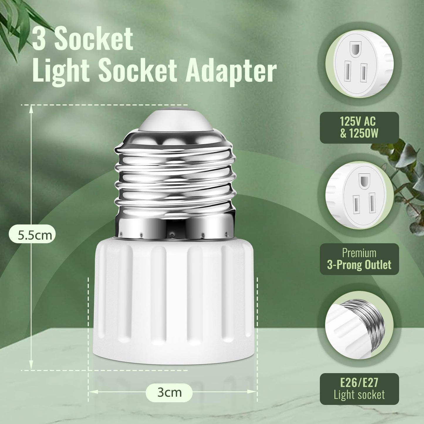 3 Prong Light Socket Adapter, E26 E27 Outlet Adapter, Stability & Professional Materials (White)