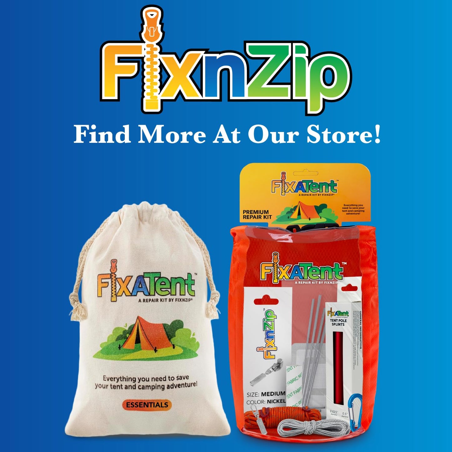 FixnZip FixATent Essentials | Complete Tent Repair Kit with Zipper Slider, Pole Splints, Shock Cord, Screen Patches, Duct Tape & Carabiner | All-in-One Camping Gear Repair & Emergency Tent Fix Kit