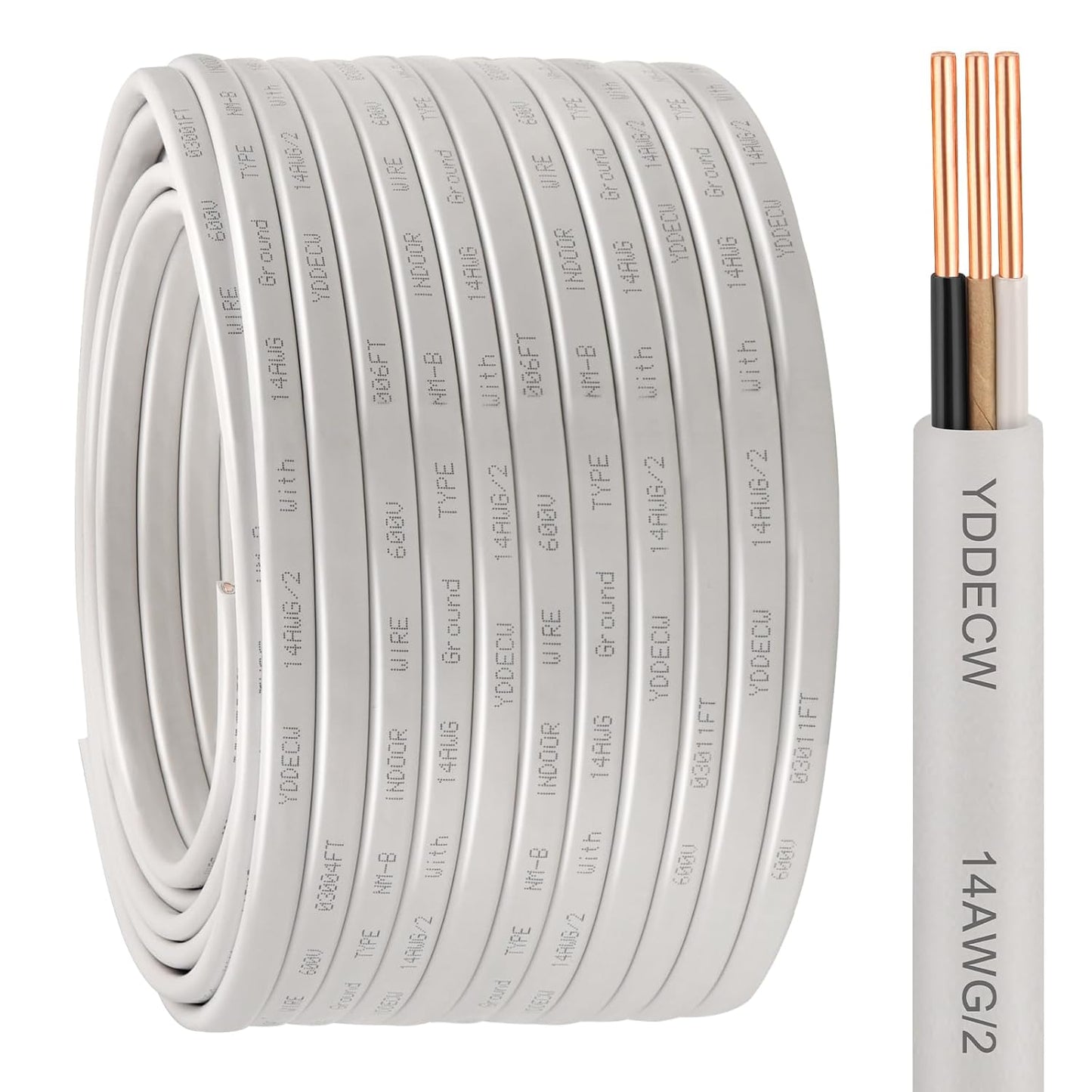 14 Gauge NM-B Wire with Ground - 50FT Pure Copper Indoor Electrical Cable for Outlets & Switches