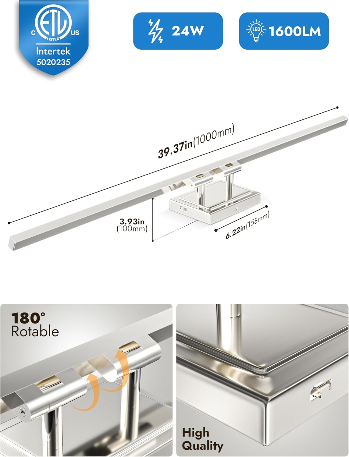NIORSUN 24-Inch Dimmable LED Bathroom Vanity Light Fixture - Modern Black Over Mirror Lighting, 5CCT, ETL Certified