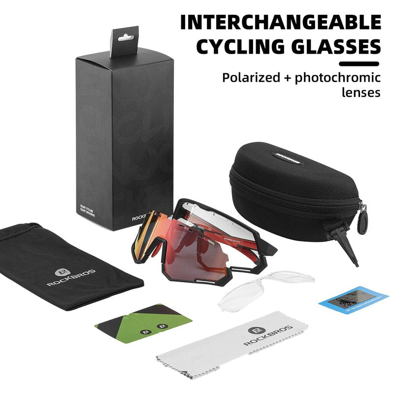 ROCKBROS Mountain Bike Glasses for Men Cycling Glasses with Interchangeable Polarized + Photochromic Lenses Sport Sunglasses