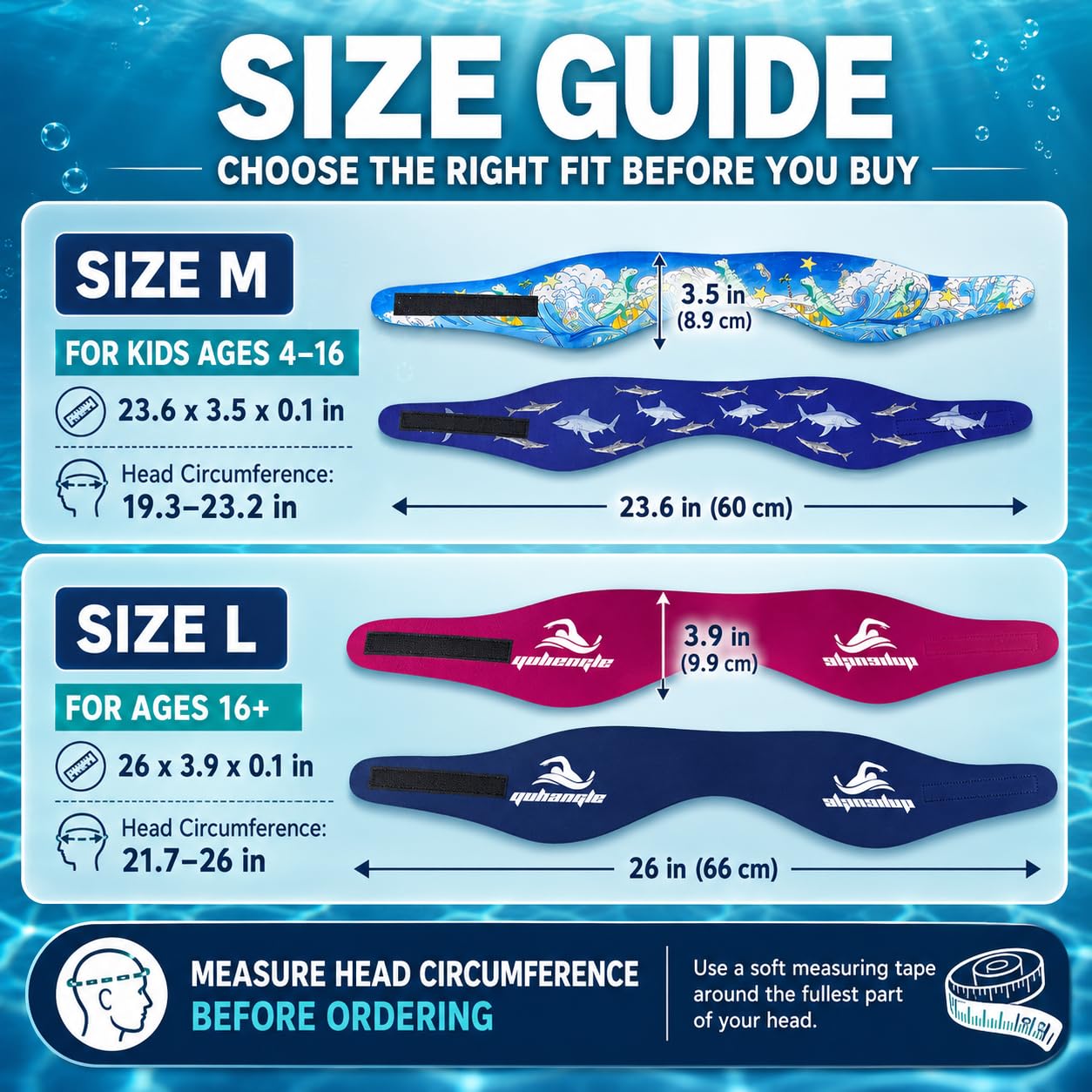 Swimming Headband for Kids - 2 Pairs Waterproof Ear Plugs & Adjustable Swim Ear Band,Keep Water Out and Hold Earplugs in - Water Headband for Surfing, Diving, Pool, Showering, and Beach
