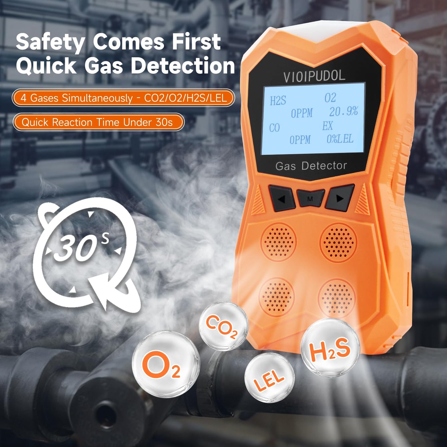 4-Gas Detector, Portable Clip-On CO/H₂S/O₂/LEL Monitor w/Triple Alarm, Data-Log, Explosion-Proof, Industrial Certified – for Plant, Mine, Confined Space, Home Use