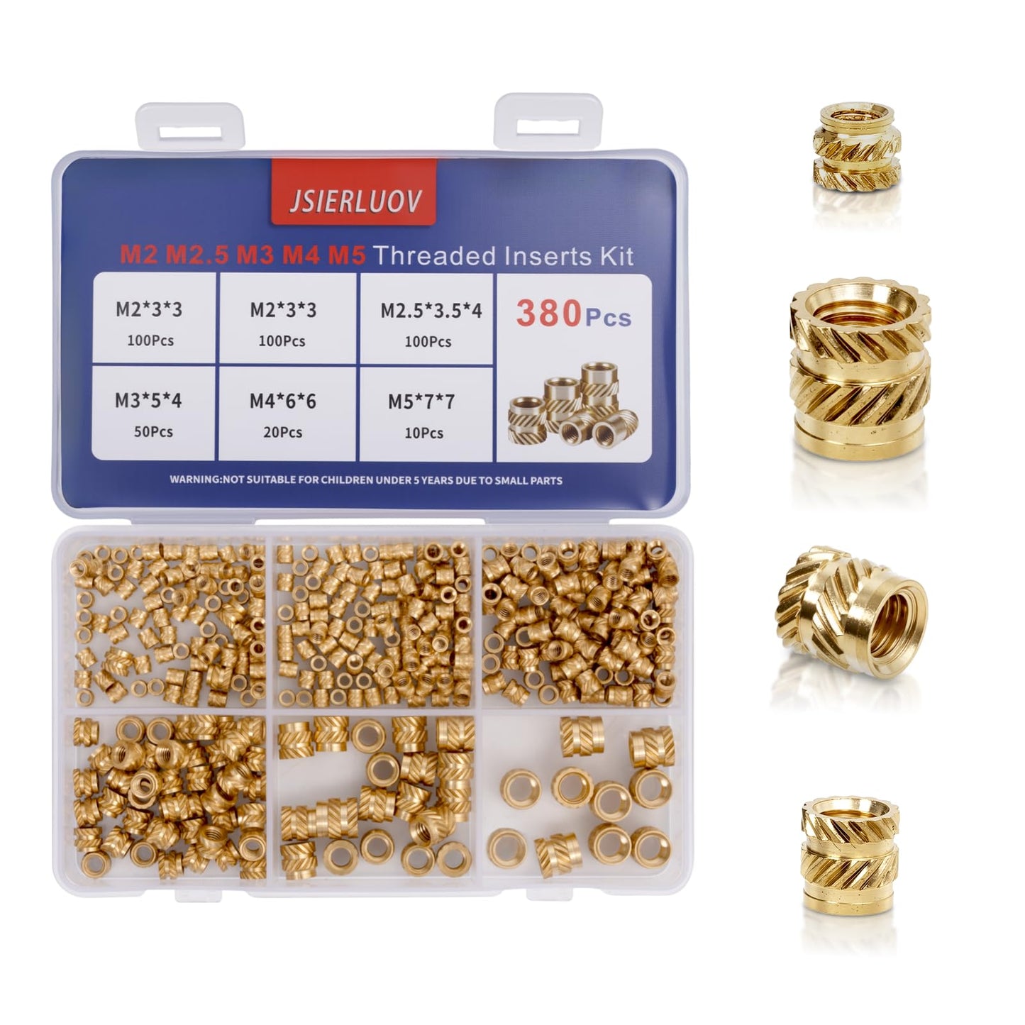 380Pcs JSIERLUOV Threaded Inserts Assortment Kit M2 M2.5 M3 M4 M5 for 3D Printing Components Plastic molding, Metric Brass Knurled Nuts Insert by Heat into Plastic Parts
