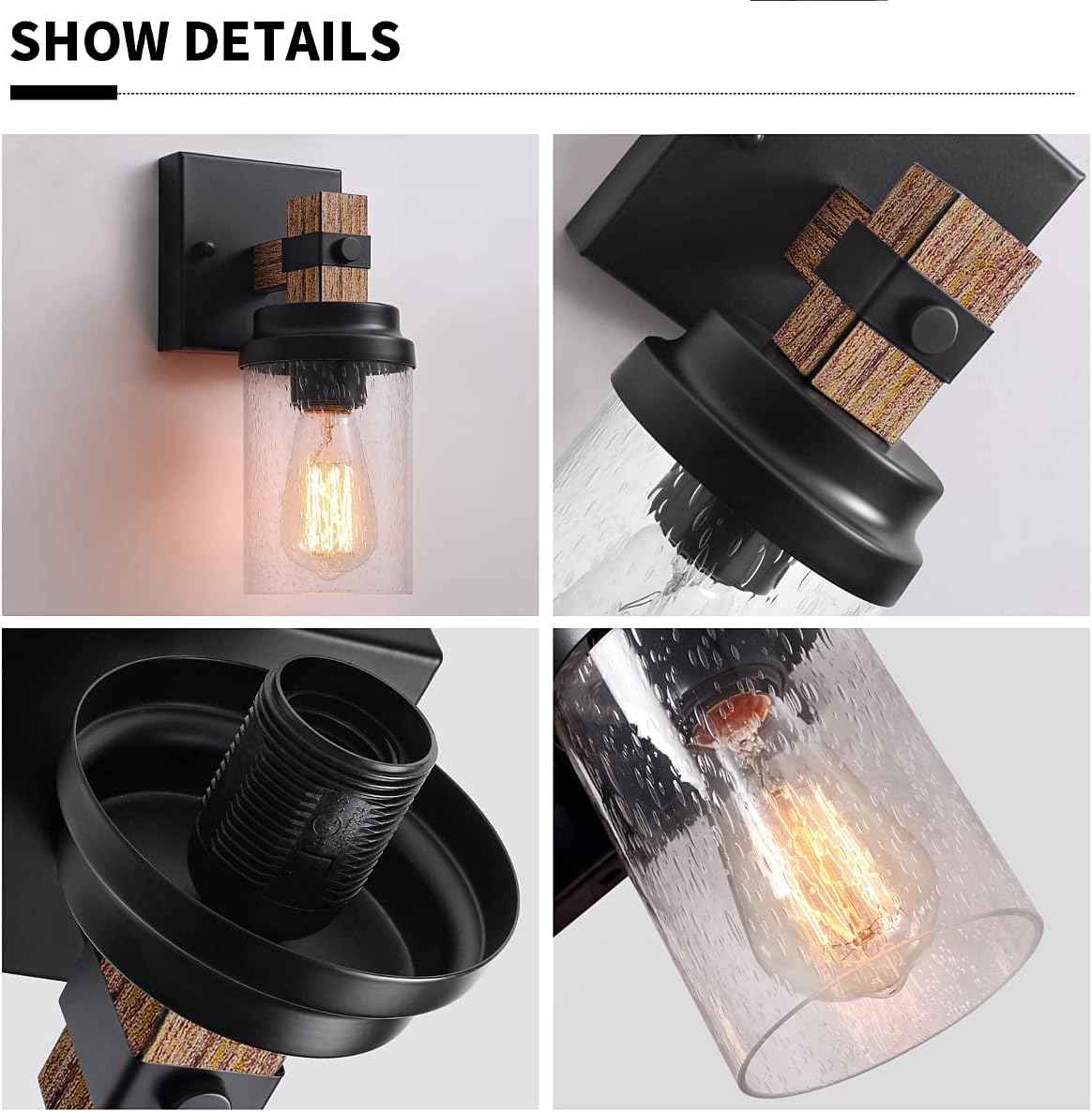Farmhouse 2-Light Vanity Lights for Bathroom - Rustic Black Wood & Glass Sconces
