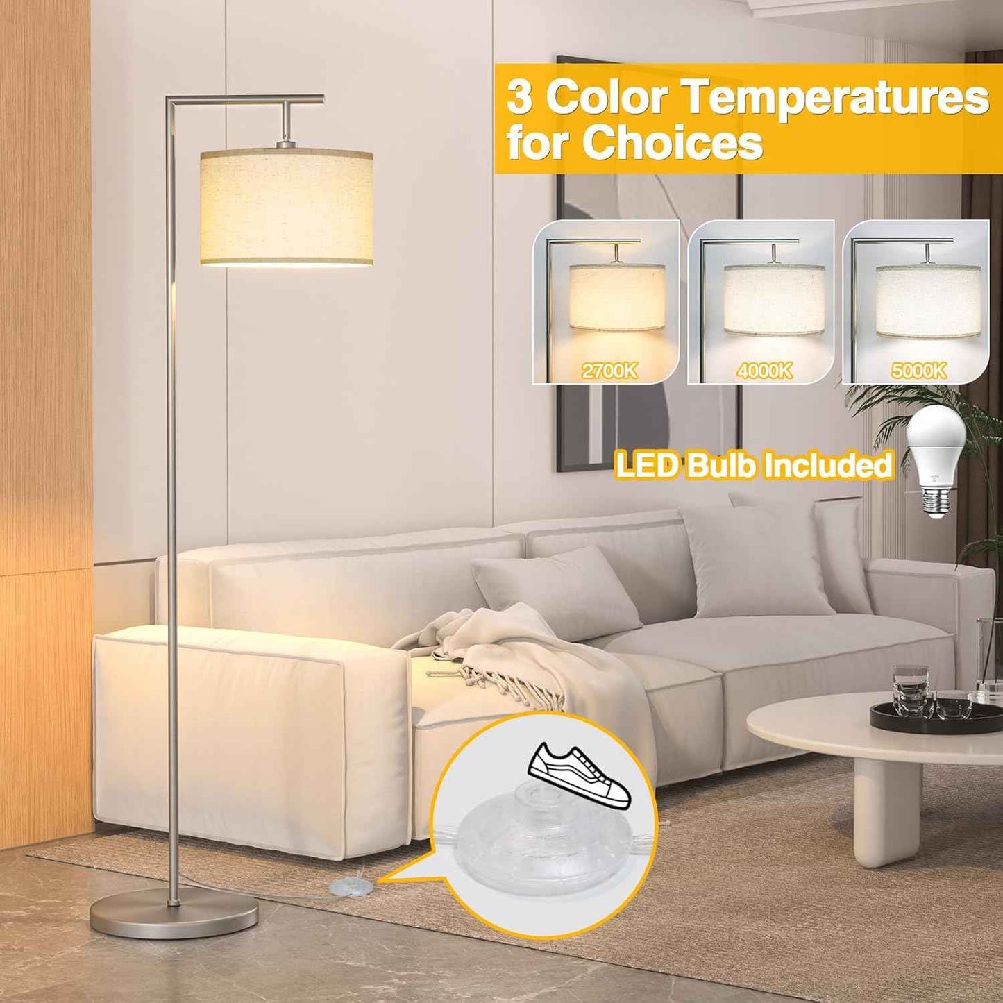 Adjustable Black Floor Lamp for Living Room - 3 Color Temperatures & Beige Linen Shade