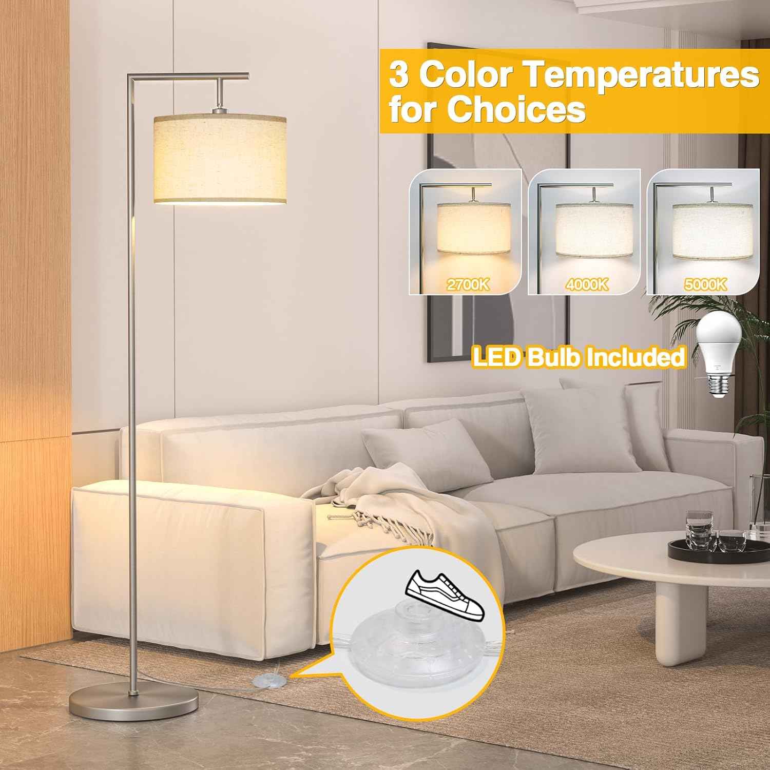 Adjustable Black Floor Lamp for Living Room - 3 Color Temperatures & Beige Linen Shade