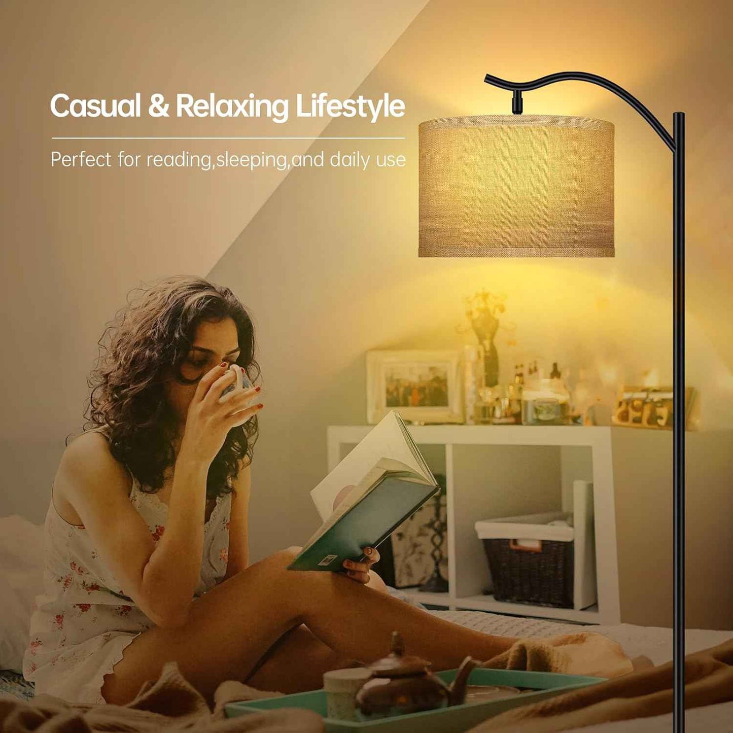 Modern LED Floor Lamp with Bohemian Linen Shade – Arched Tall Standing Light for Living Room & Bedroom