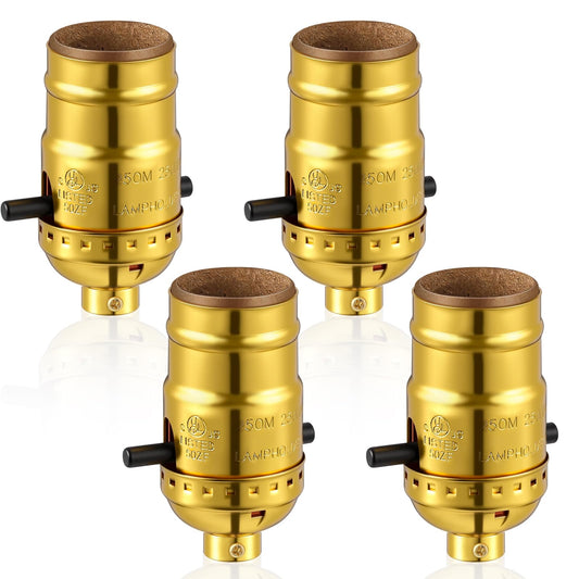 Saysurey 4 Pack UL Listed Lamp Socket with Push On/Off, E26 Threaded Base, Medium Screw Push Socket, Lamp Parts for Floor and Table Lamps, DIY Project, Gold
