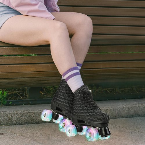 jessie Womens Roller Skates Water Ripple High-top Roller Skates Four-Wheel Roller Skates Shiny Roller Skates for Adult Youth Boys Girls Outdoor with Shoes Bag (Black ripple flash,US:8)