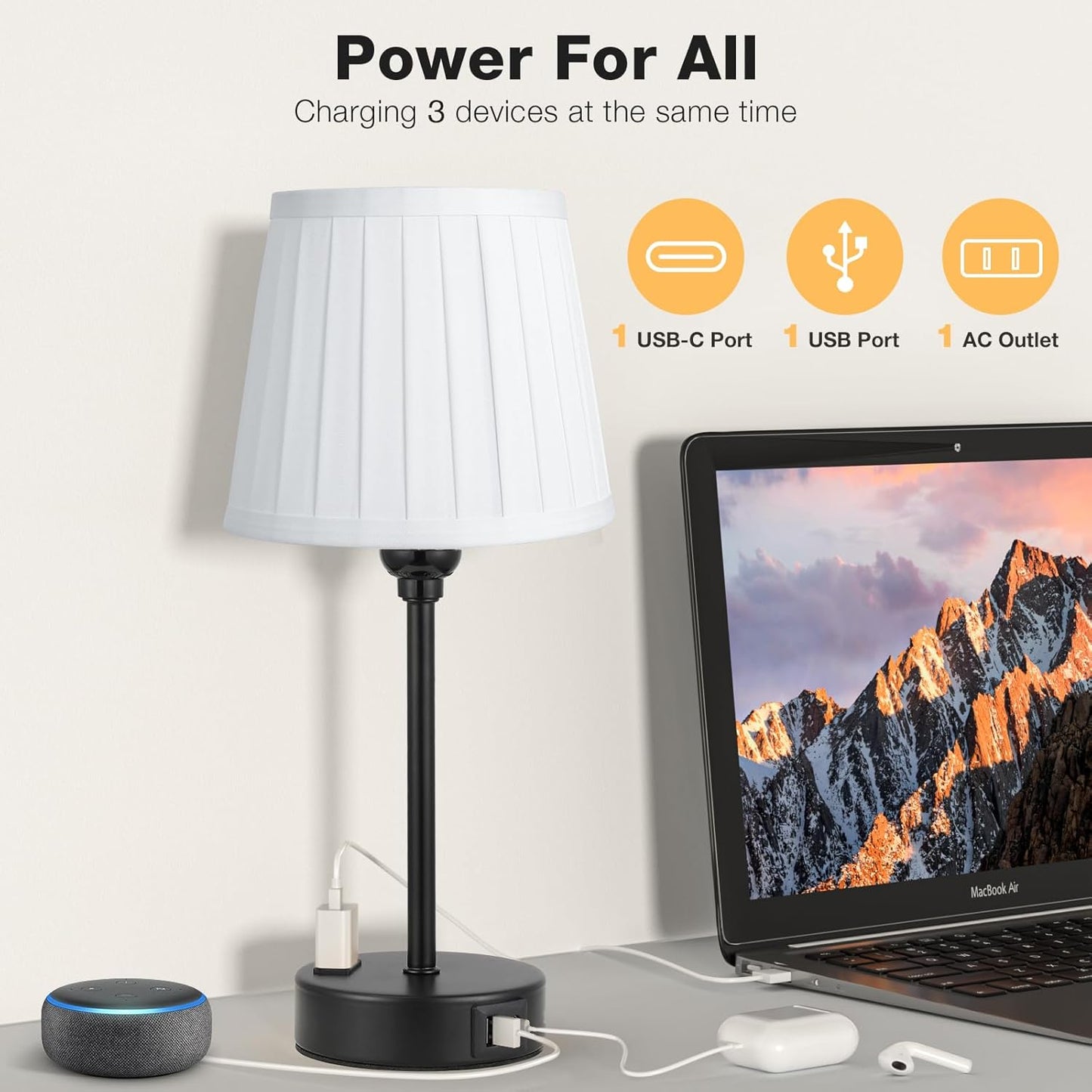 Set of 2 Mini Bedside Lamps with USB-C & AC Outlet - Dimmable Touch Nightstand Lights for Bedrooms