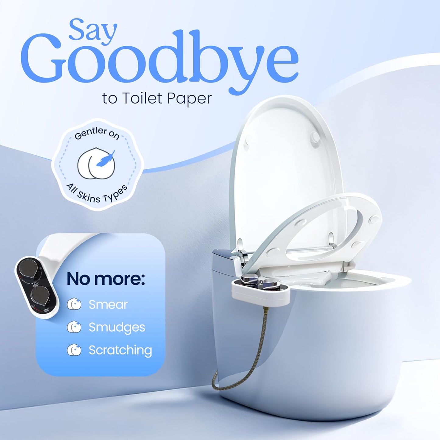Non-Electric CLEAR REAR Bidet Attachment for Toilet - Self-Cleaning Dual Nozzle, Adjustable Pressure, White