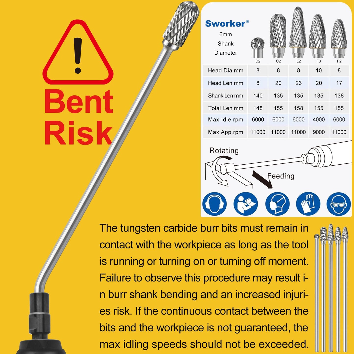 Sworker 5Pcs Long Carbide Burr Set 6mm Shank Total L 158mm Die Grinder Bits Rotary Rasp Attachment Cut Port Grind Metal Cast Iron Steel Aluminum Cylinder Head Engine Intake Exhaust Manifold Tight Area