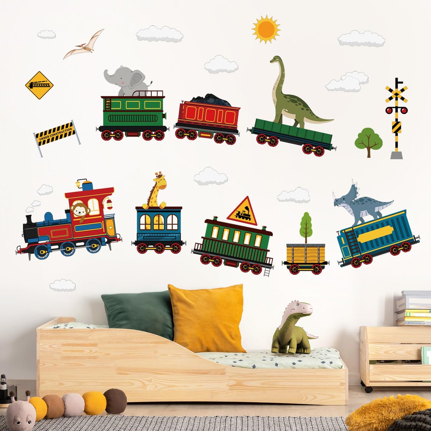 decalmile Animal Train Wall Stickers Dinosaur Elephant Giraffe Wall Decals Baby Nursery Children Bedroom Playroom Wall Decor