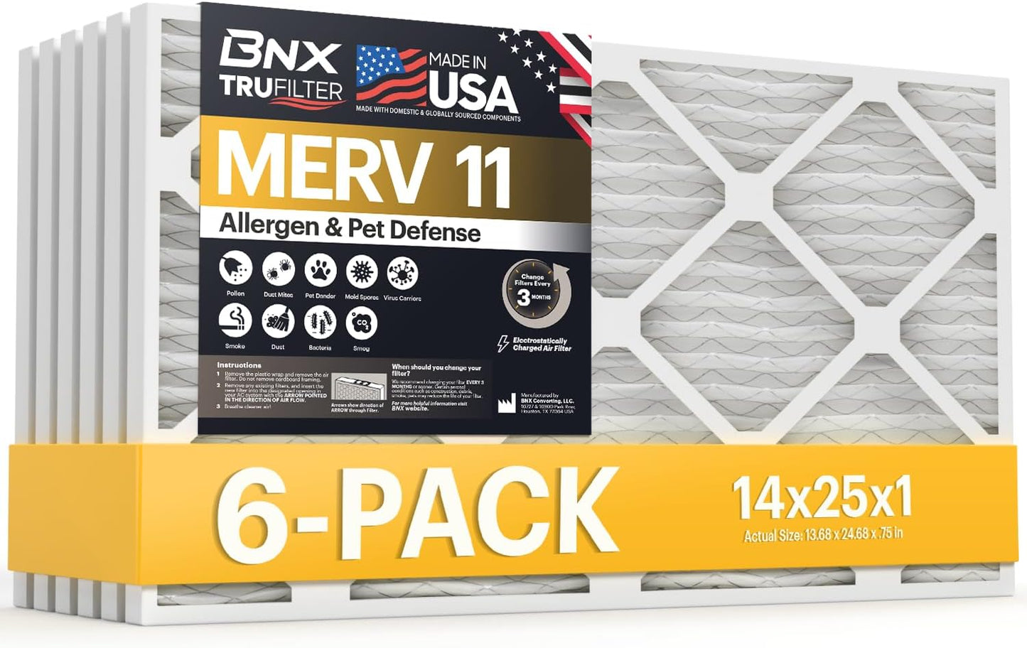 BNX TruFilter 12x12x1 MERV 8 Air Filters (6-Pack) - USA-Made Dust & Pet Defense for HVAC