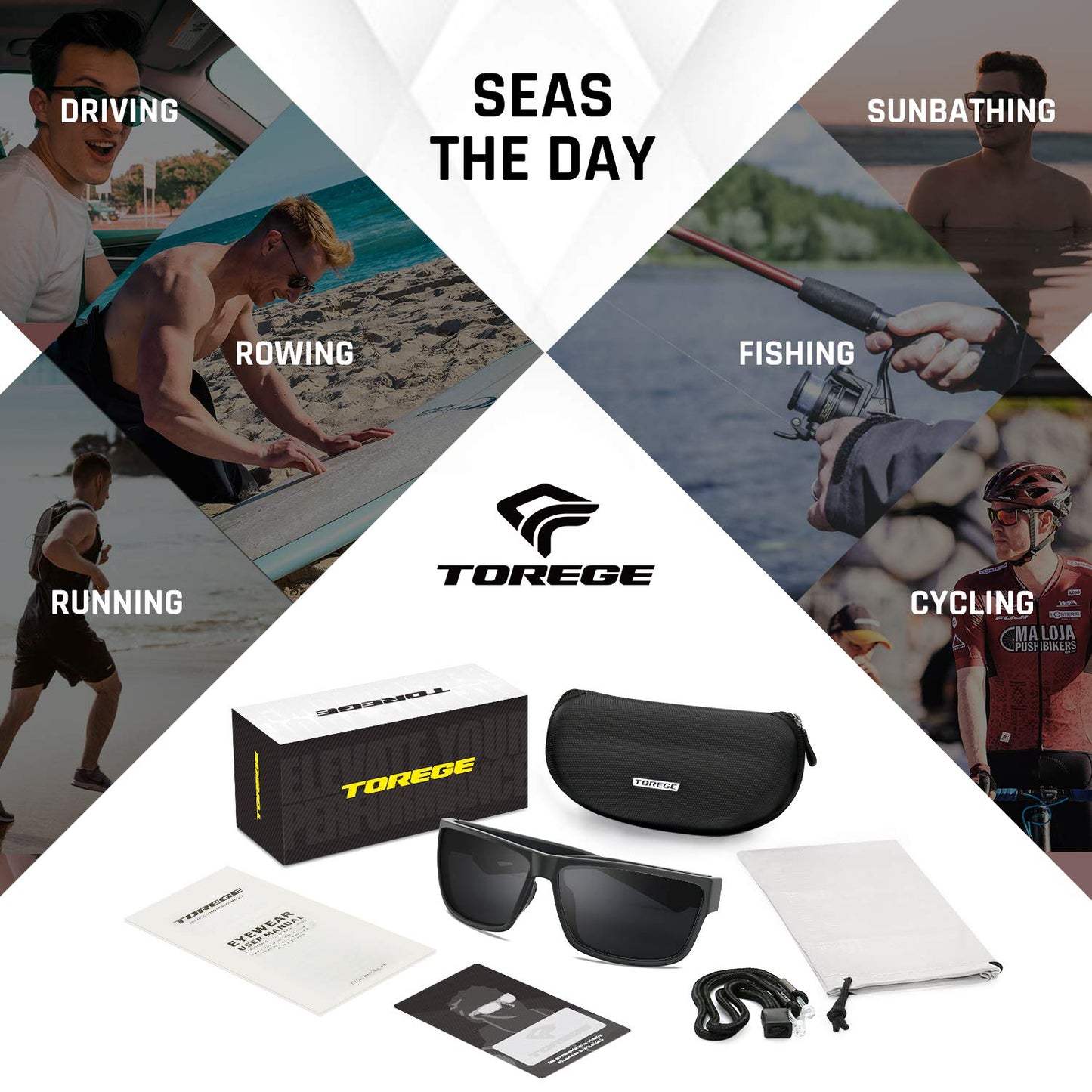 TOREGE Polarized Sports Sunglasses for Men and Women Cycling Running Golf Fishing Sunglasses TR26 (Black Frame & Grey Lens)