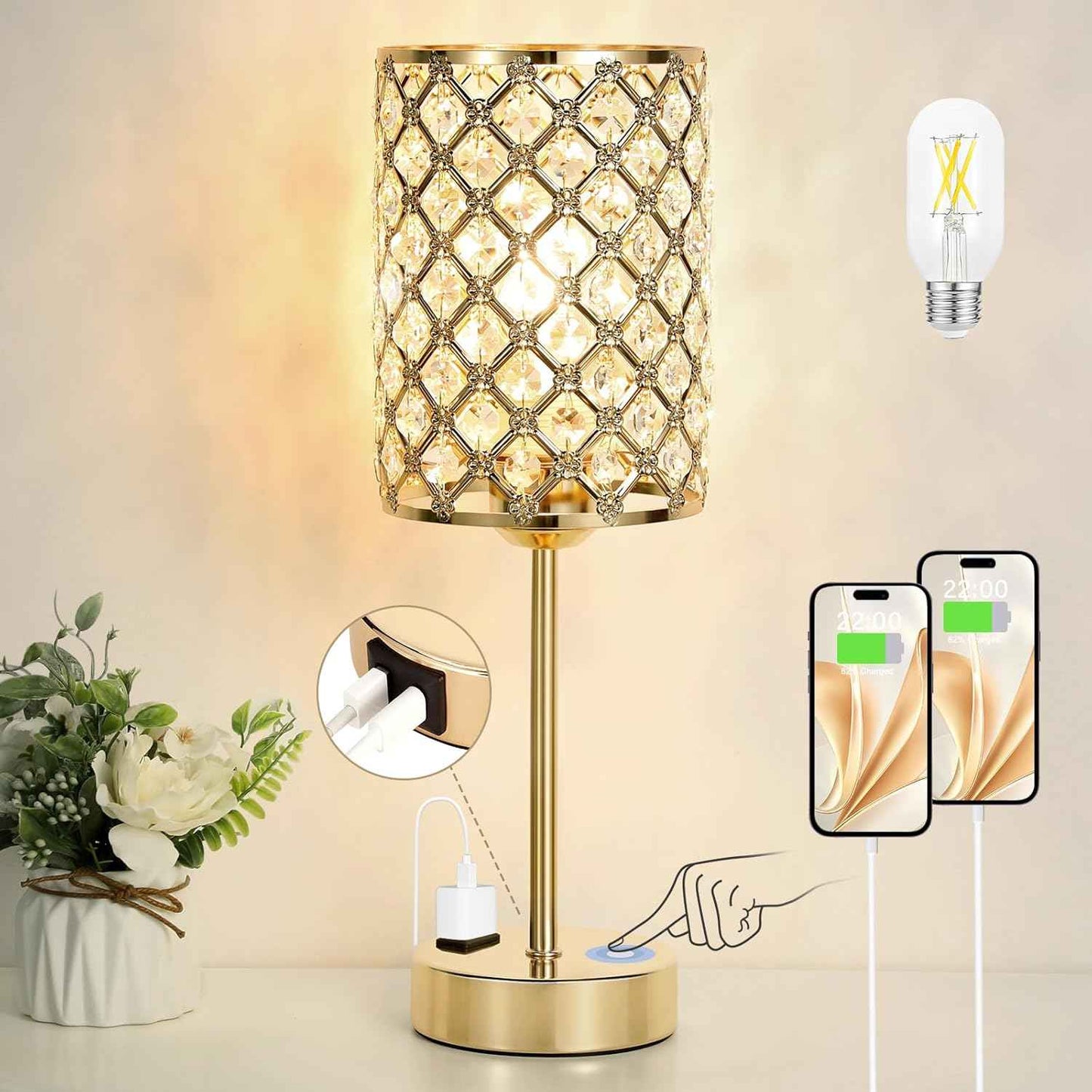 Dimmable Touch Control Crystal Table Lamp Set of 2 with USB-C & AC Ports - Elegant Nightstand Lighting for Bedroom & Living Room