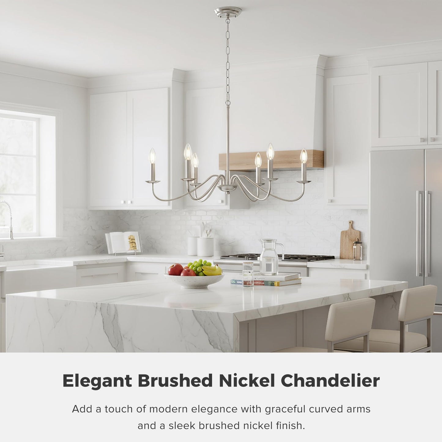 YCZHCC 27.5'' Brushed Nickel Chandelier, 6-Light Farmhouse Chandelier for Dining Room Lighting Fixture, Rustic Industrial Modern Candle Chandelier for Bedroom, Kitchen, Living Room, Foyer, Hallway