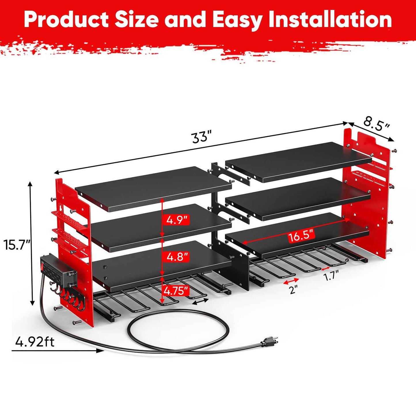 POKIPO Large Power Tool Organizer Wall Mount with Charging Station,4 Layer Heavy Duty Metal Tool Storage Shelf Loads 600lbs,Battery Utility Rack With 4 Outlet Power Strip with 8 Cordless Drill Holder