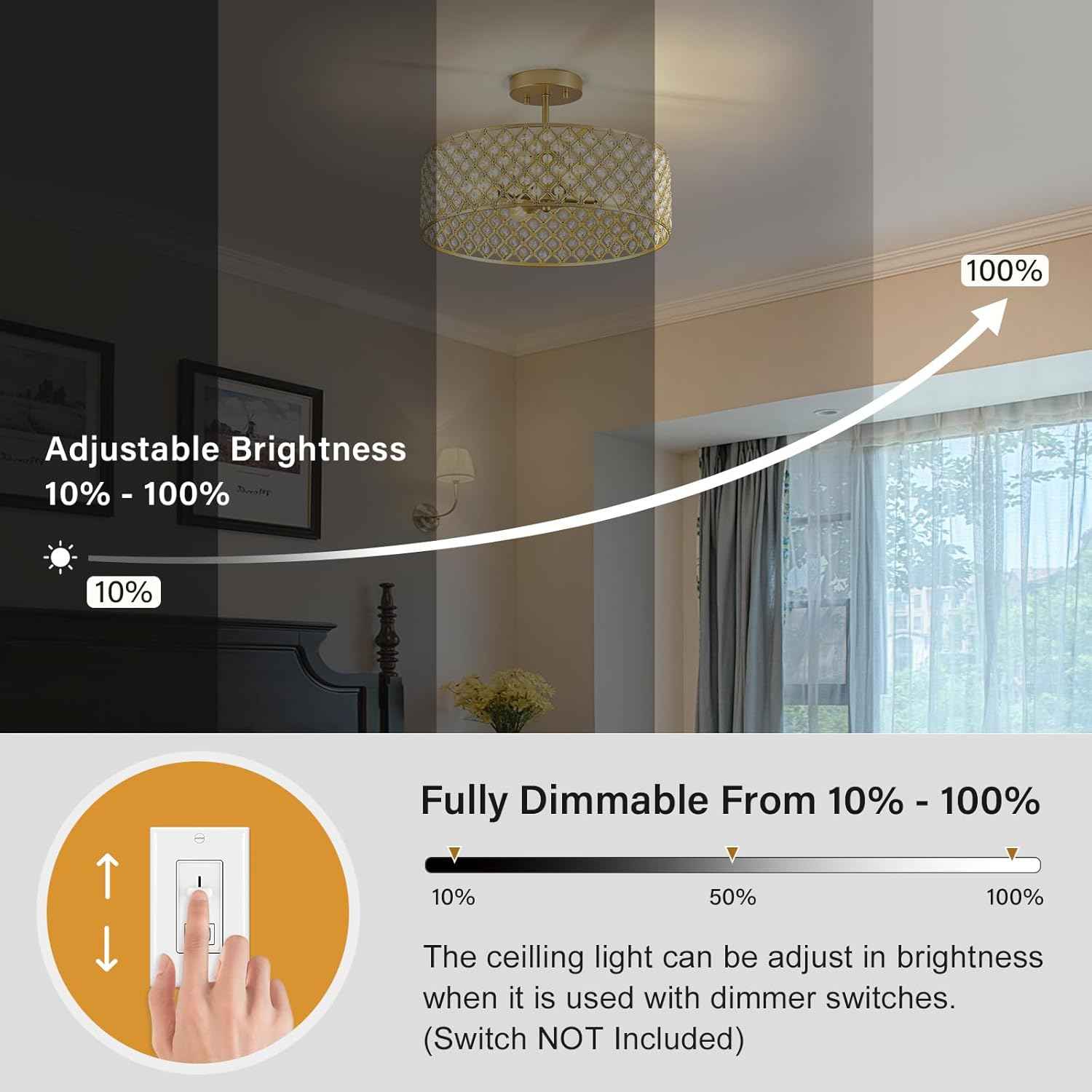 Modern Black Crystal Semi Flush Mount Ceiling Light Fixture - 11.2" Round Chandelier for Dining Room, Hallway, Kitchen & Bedroom