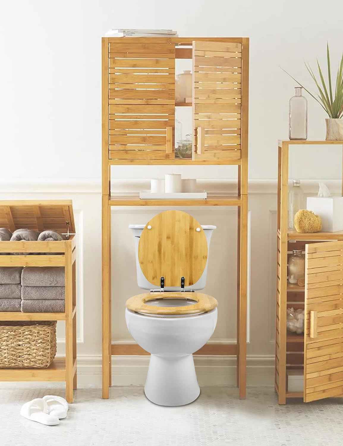 17-Inch Round Bamboo Toilet Seat with Quick Release & Slow Close - Zinc Alloy Hinges
