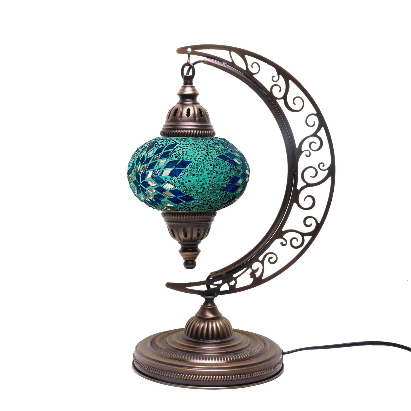 Asylove Turkish Moon Lamp, Mosaic Moroccan Table Lighting, Standing Turkish Lamp, Decor Home Floor Lighting Accessory, Total Dim. 7.5 x 11 x 18 inches (Turquoise)