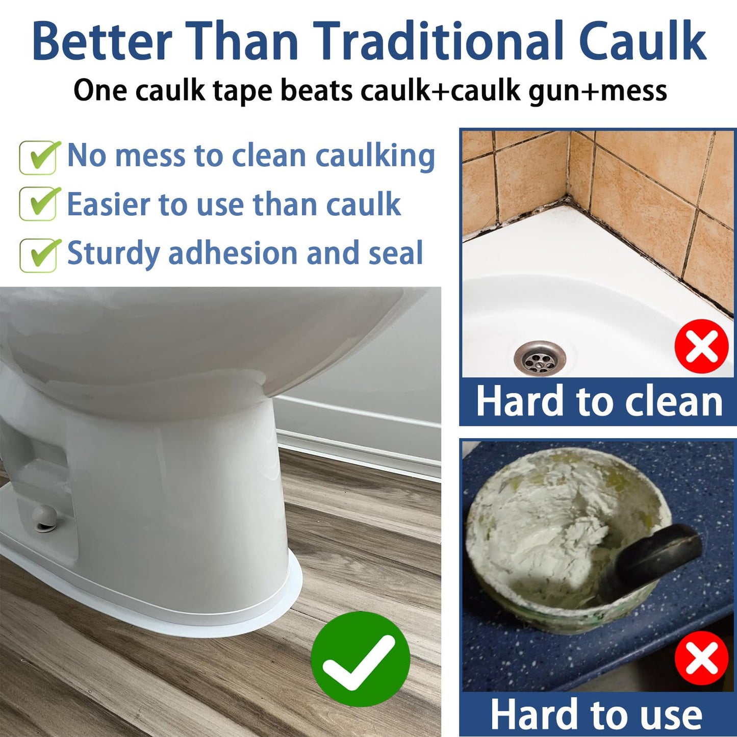 Caulk Tape - Updated Enhanced Adhesive, Caulk Tapes Waterproof Self Adhesive, Traditional Caulking Sealant Replacement, Caulking Strips for Toilet, Bathroom, Sink, Bathtub, Floor Wall Edge Protector