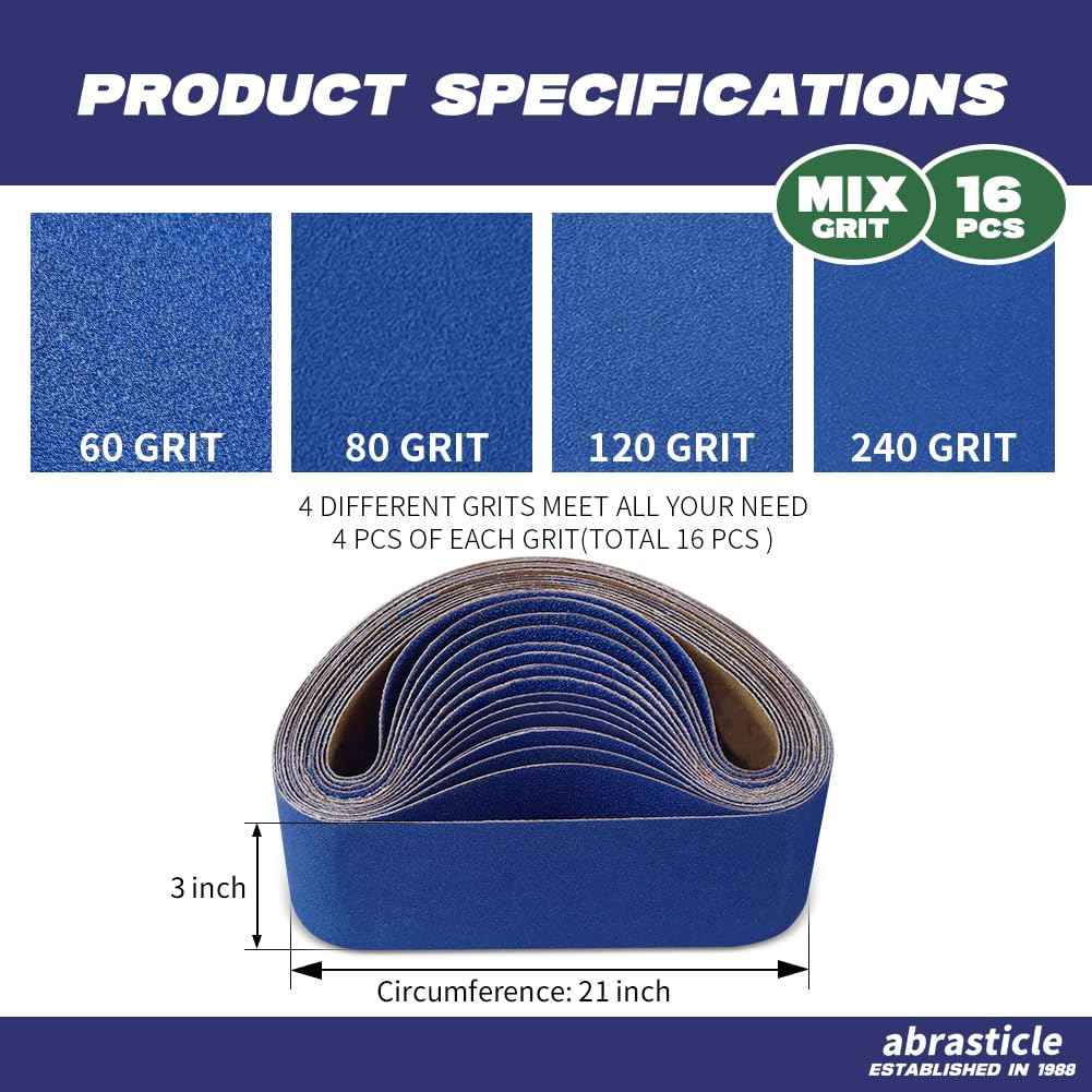 3" x 21" Zirconia Sanding Belts for Metal, 3 x 21 Inch Zirconia Metal Grinding Sand Paper, 16 PCS 4 Each of 60/80/120/240 Assorted Grits