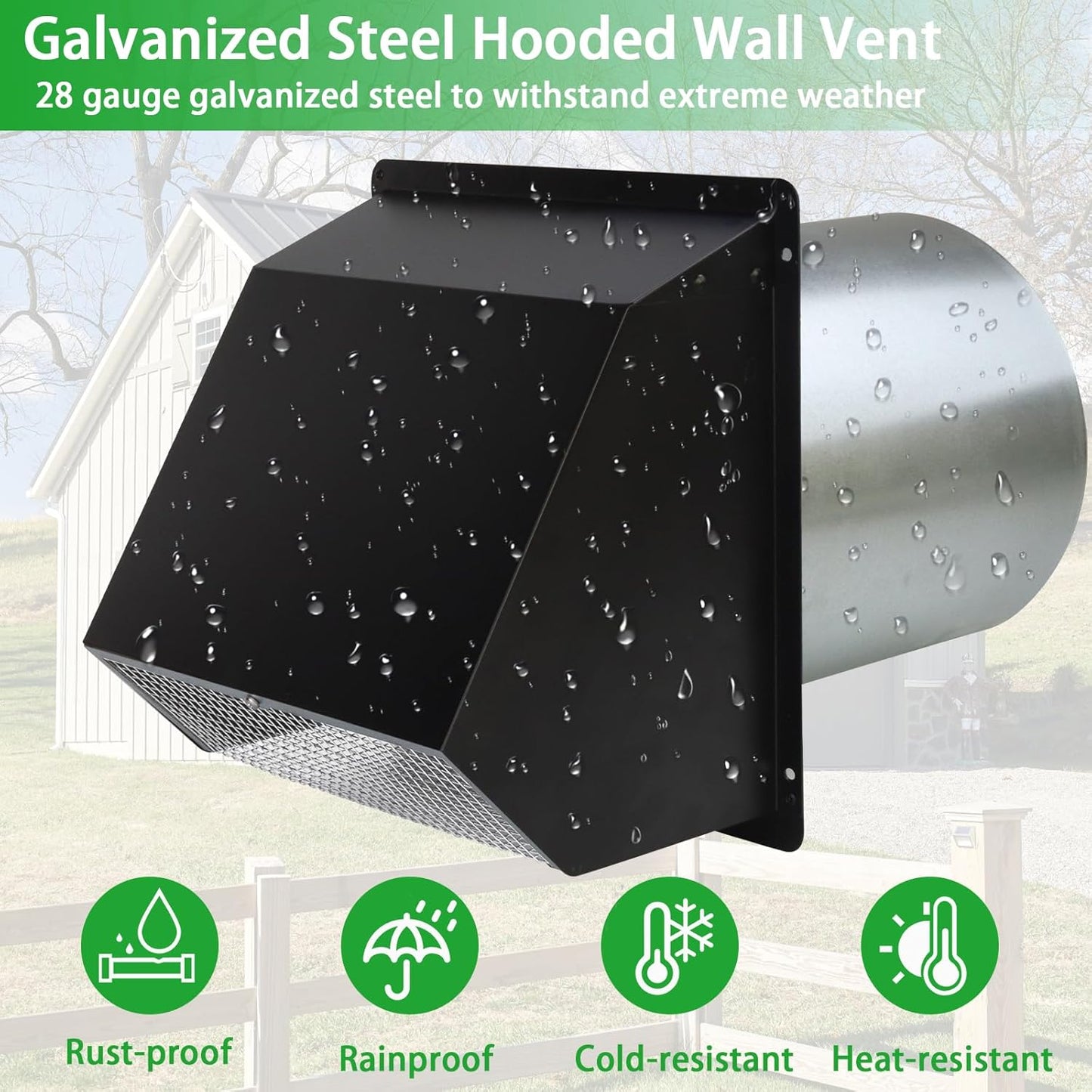 5-Inch Exterior Dryer Vent Cover with Screen & Damper - Galvanized Steel, Black