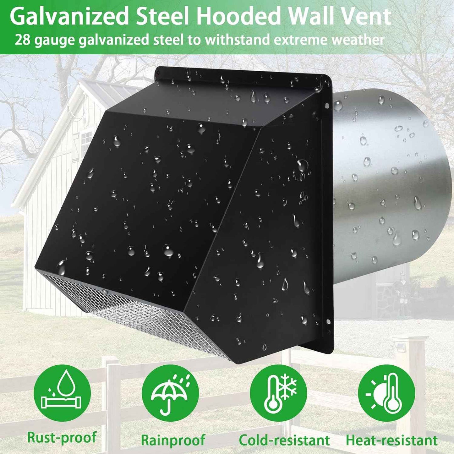 5-Inch Exterior Dryer Vent Cover with Screen & Damper - Galvanized Steel, Black