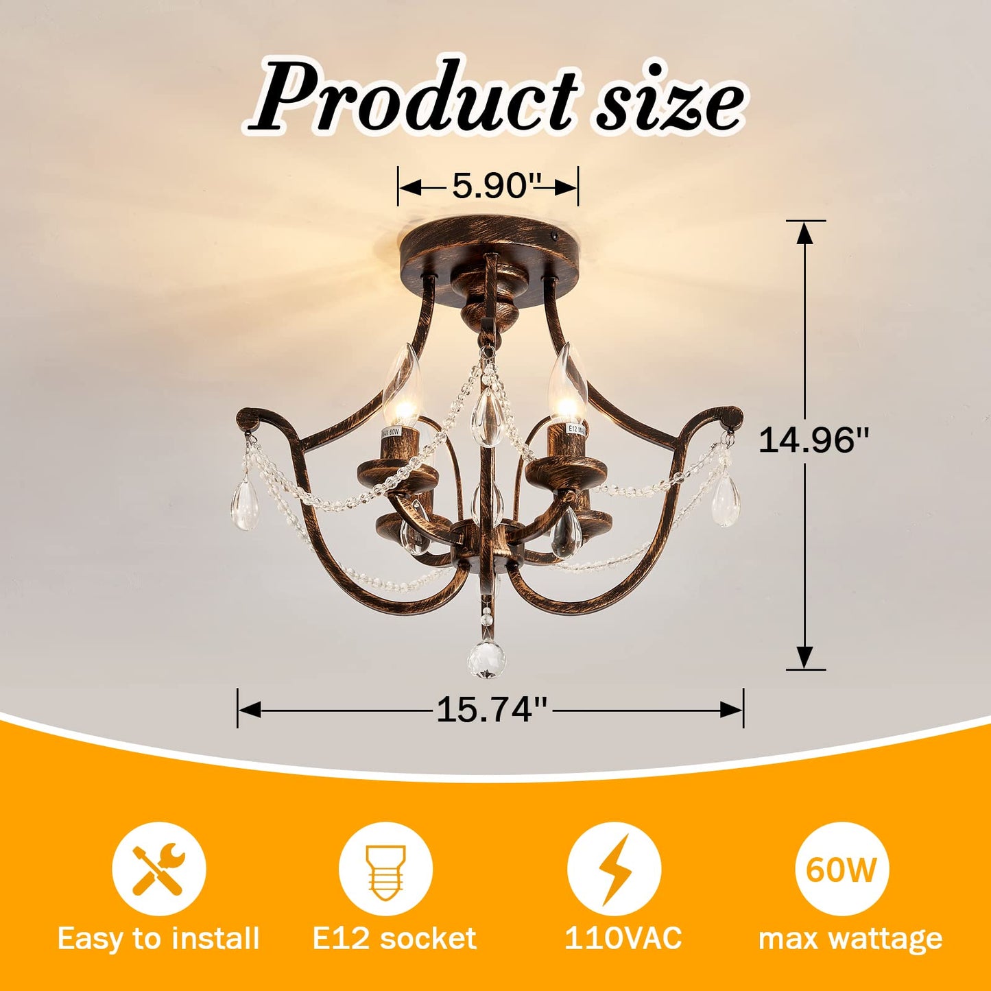 UOFUS Vintage Semi Flush Mount Crystal Chandelier Oil Rubbed Bronze 4-Light Small Metal Ceiling Light Fixture Farmhouse Ceiling Lamp for Foyer Kitchen Entryway Hallway Bathroom Bedroom Dining Room