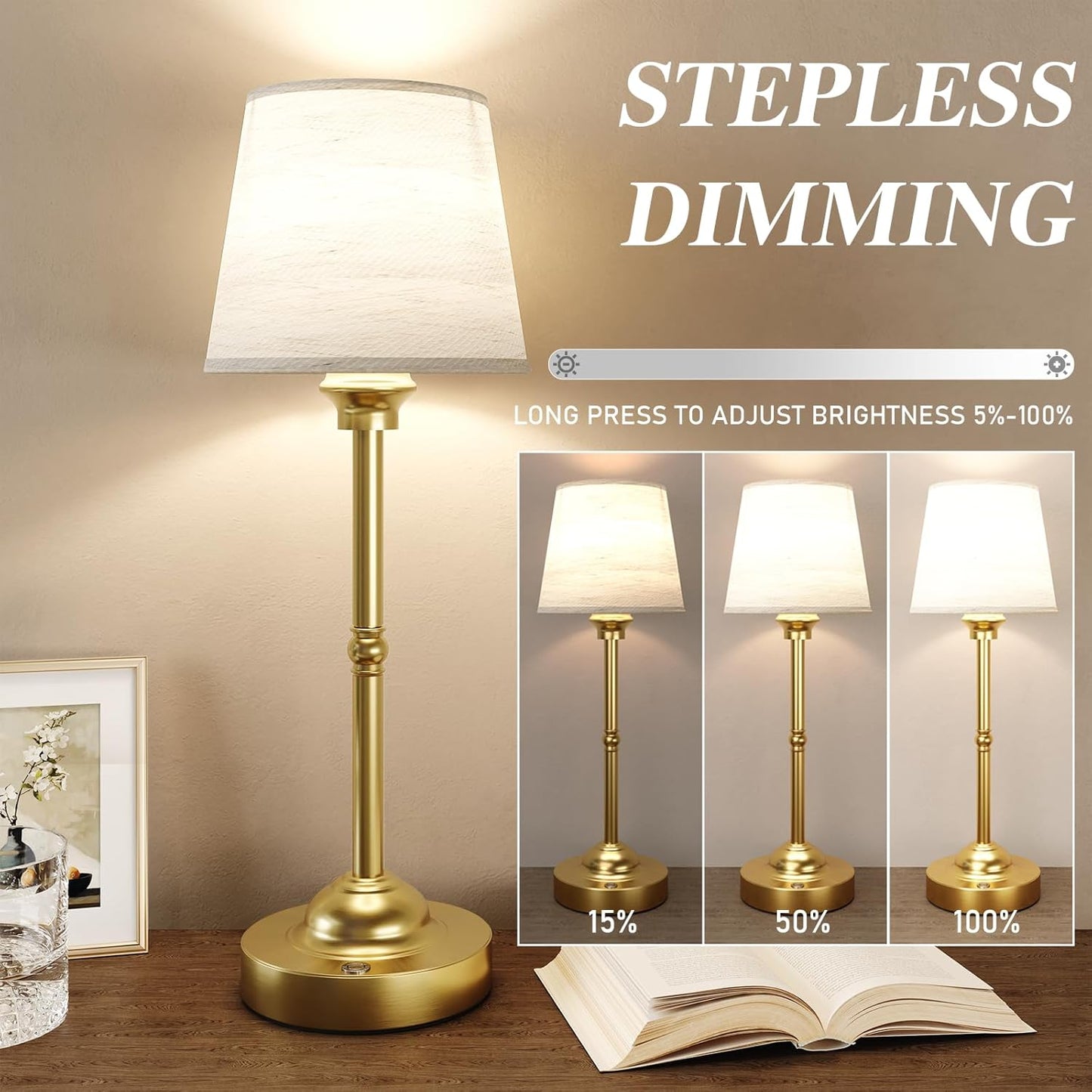 Rechargeable Cordless Table Lamps - 2 Pack, Stepless Dimming LED Desk Light for Bedroom & Cafe