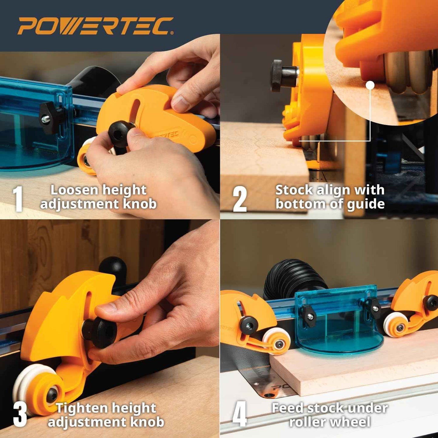POWERTEC Adjustable Roller Stock Guide for Table Saw & Router - Enhance Safety & Reduce Kickback (Model 71935)