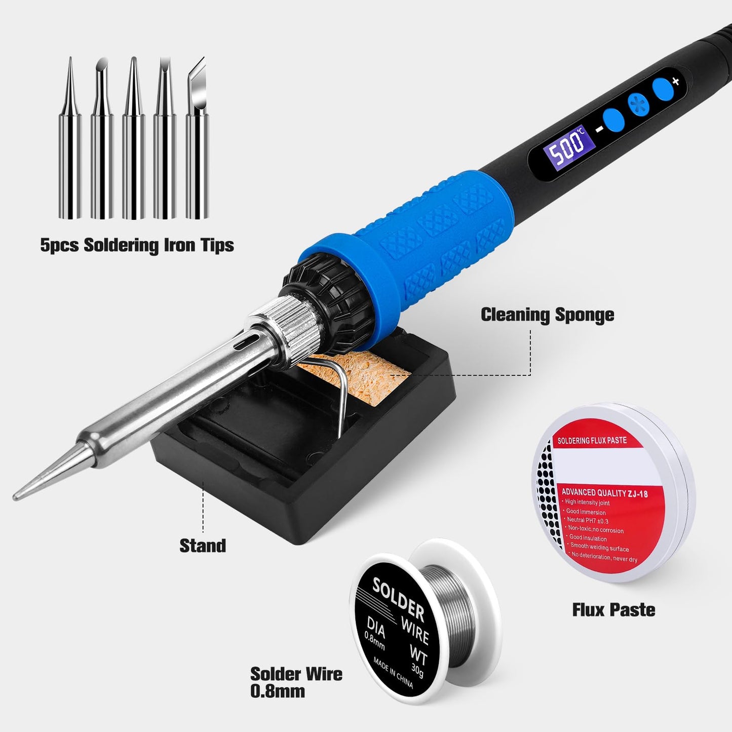 Soldering Iron Kit, 90W LED Display Adjustable Temperature Soldering Iron Automatic Sleep Mode Soldering Gun with 5PCS Tips, Solder Wire, Stand, Flux, Welding Tool for Repair, Electric Repairing, DIY