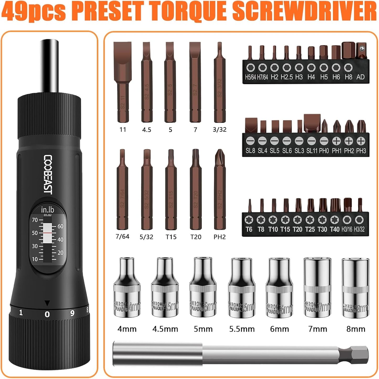 49-Piece Torque Screwdriver Set with 10-70 Inch Pound Torque Wrench & S2 Bits for Bike Repair