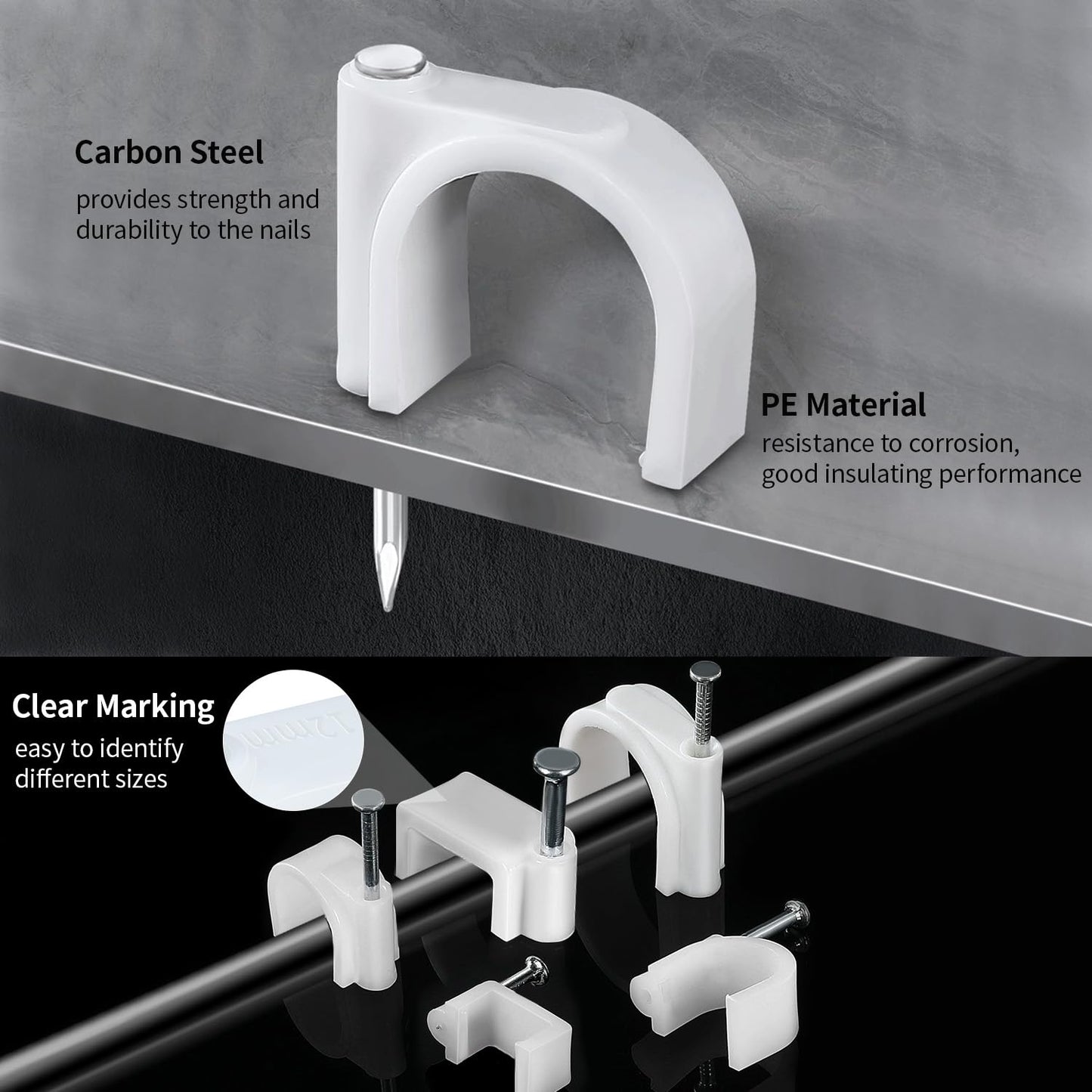 LeMotech 200pcs Cable Clips 5/7/8/10mm Flat Cable Nail Clips Cable Tacks Coaxial Nail Clamps for Cable Cord Management RG6 RG59 CAT5 CAT6 RJ45 Electrical Ethernet Coaxial Clamps, White
