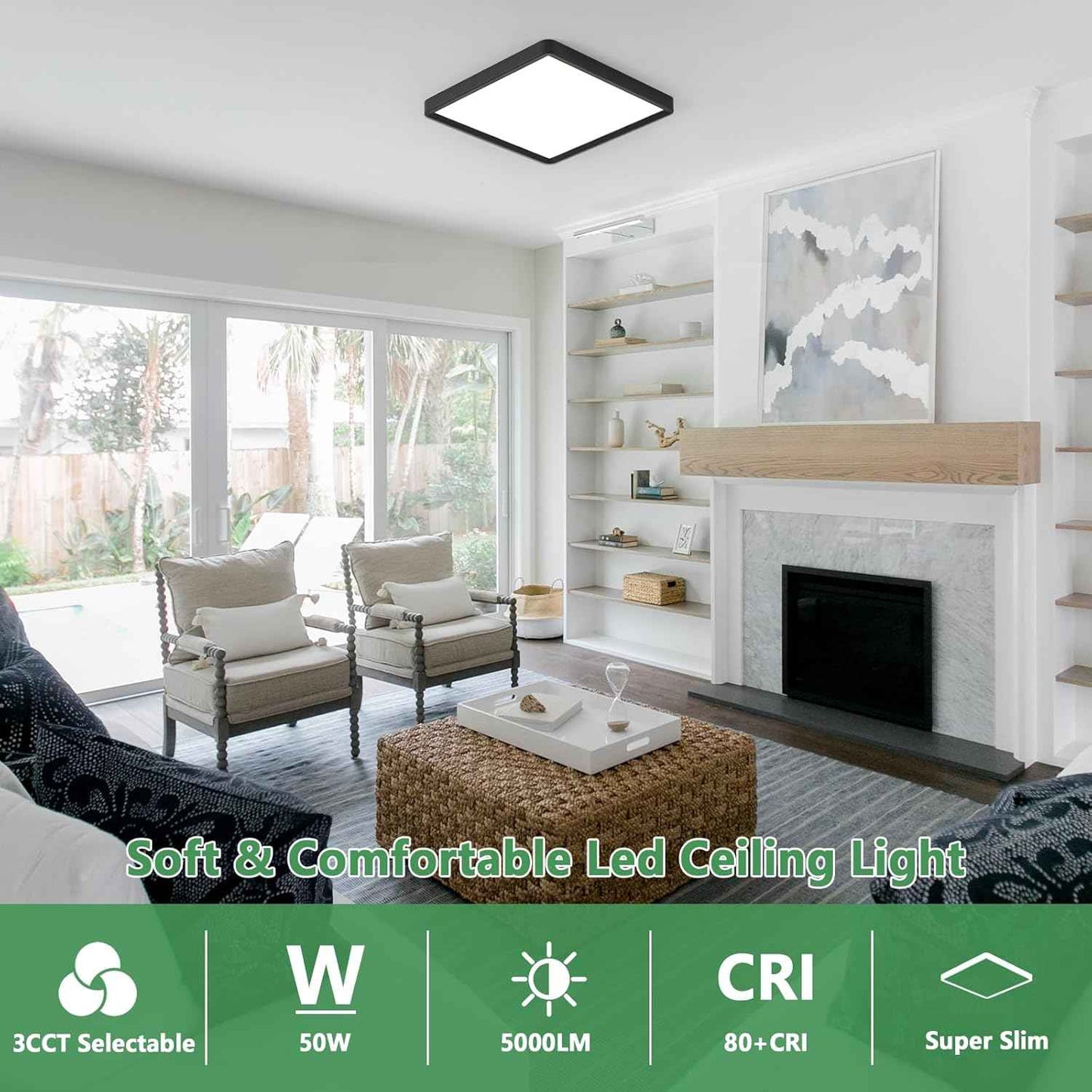 50W 20-Inch LED Flush Mount Ceiling Light - 5000LM, CCT Selectable, Low Profile for Hallway, Kitchen, Bedroom