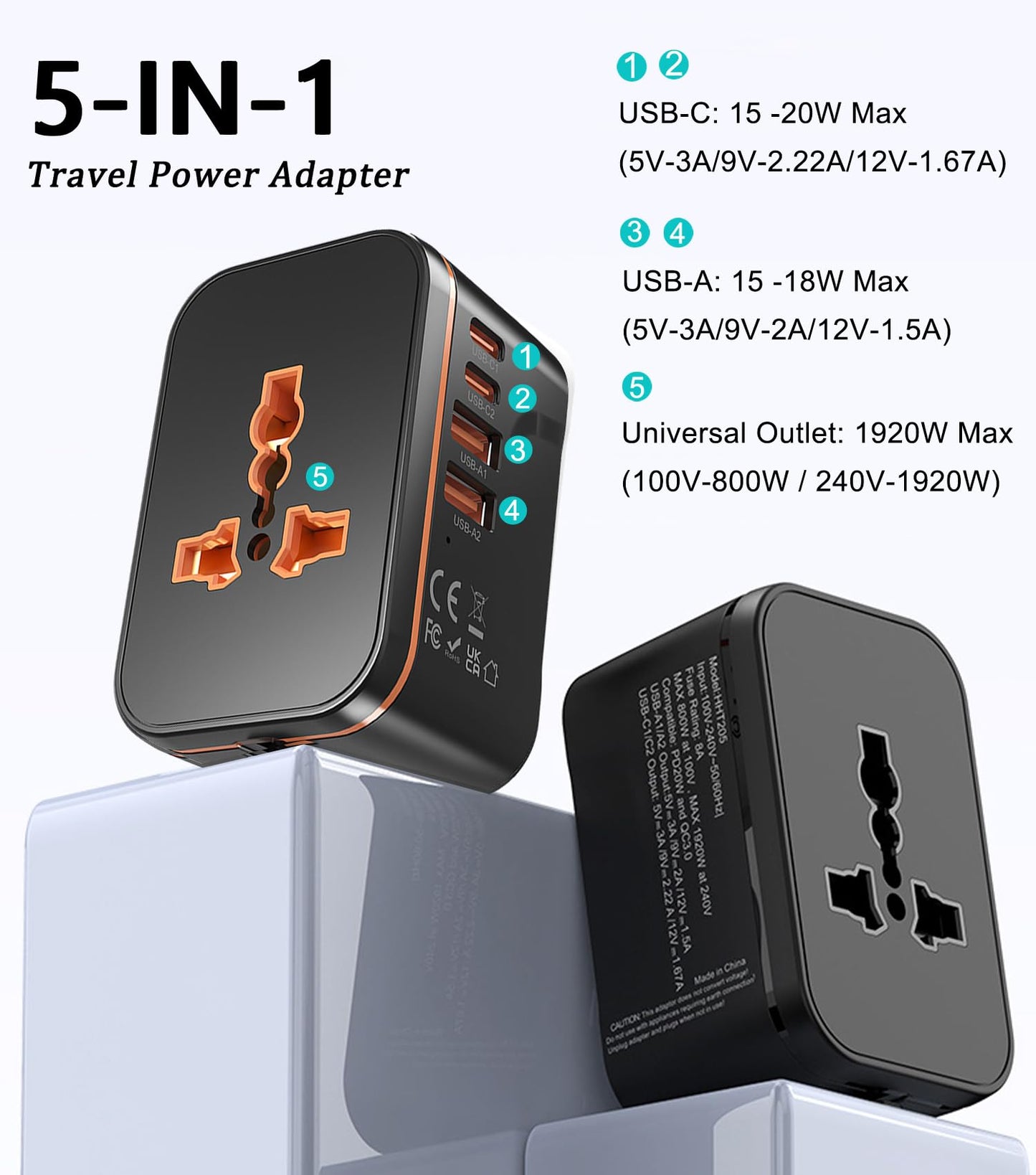 Universal Travel Adapter Worldwide, European Travel Plug Adapter with 2 USB C, 2 USB A and Multi AC Outlets, International Power Adaptor for EU US UK AUS 200+ Countries, Travel Essentials