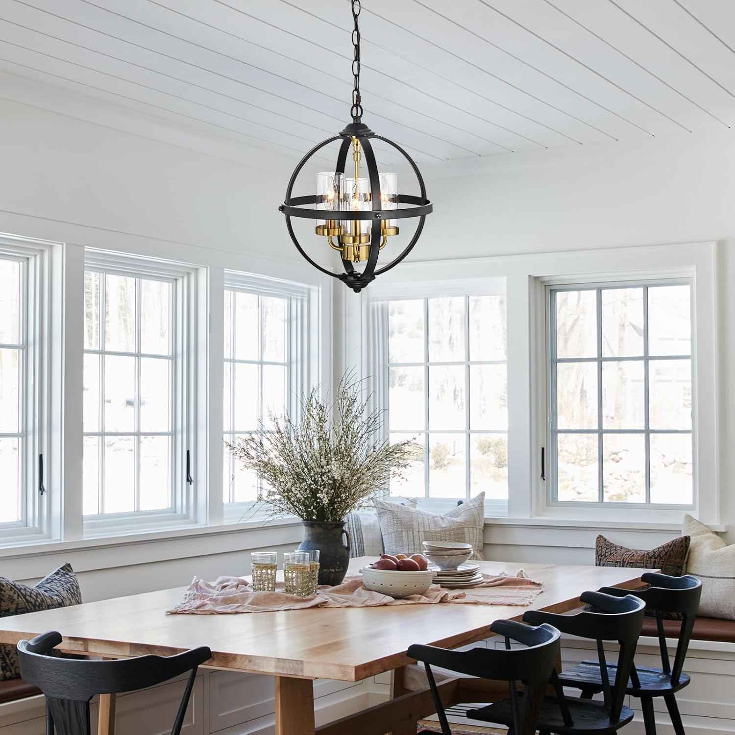 Rustic 14" Farmhouse Chandelier - Vintage Black & Gold 3-Light Pendant Light for Kitchen, Dining Room & Entryway