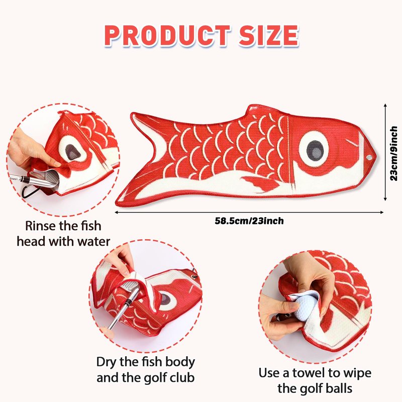 Mindsoft Microfiber Golf Towel Koi Fish Golf Towel with Carabiner Clip Cleaning Cloth & Clubs Koi Pattern Golfs Accessories and Gifts for Men Women(Red)