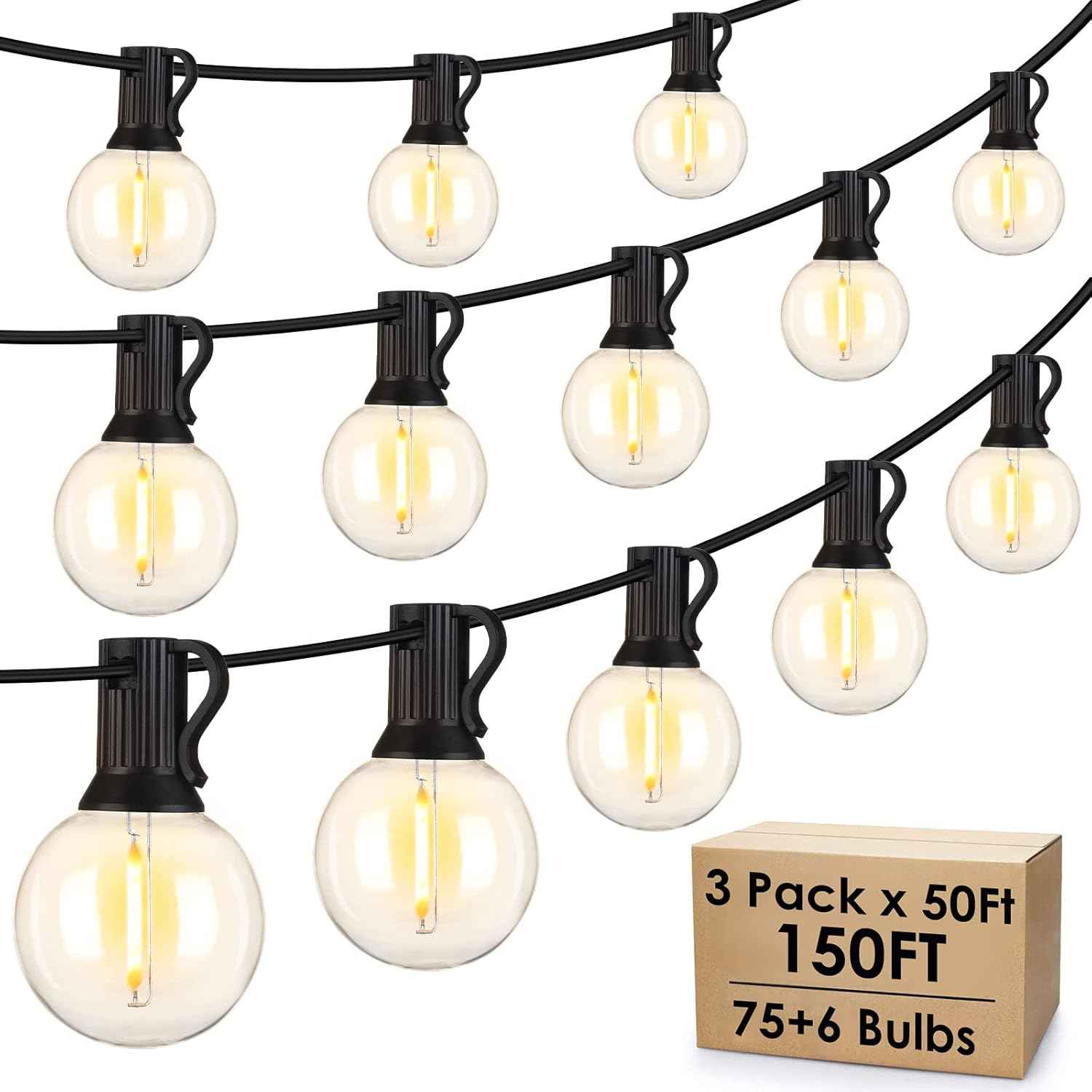 Outdoor String Lights 100FT - G40 Globe Patio Lights with 54 Waterproof LED Bulbs - Black Wire