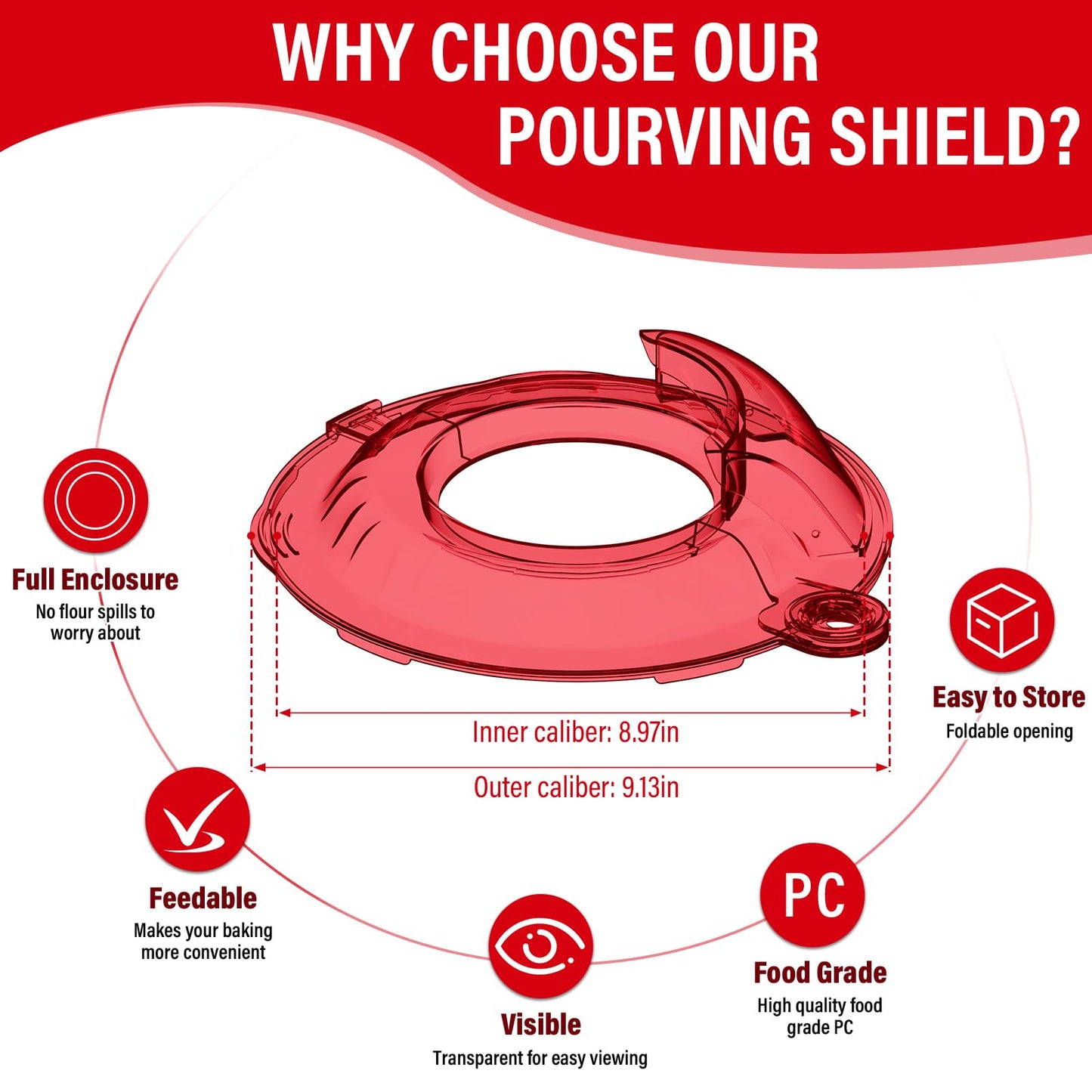 Pouring Shield for KitchenAid Tilt Head 4.5-5 QT (for Stainless Steel Bowls Only), for Kitchen aid Accessories and Attachments, Fully Enclosed Foldable Lid Mixer Bowl Cover, Not For Bowl Lift (Red)