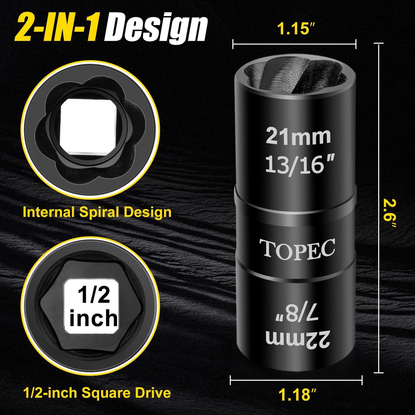 Topec 21mm x 22mm Flip Lug Nut Extractor, 1/2" Drive Lug Nut Removal Tool, 2-IN-1 Wheel Lock Remover Socket