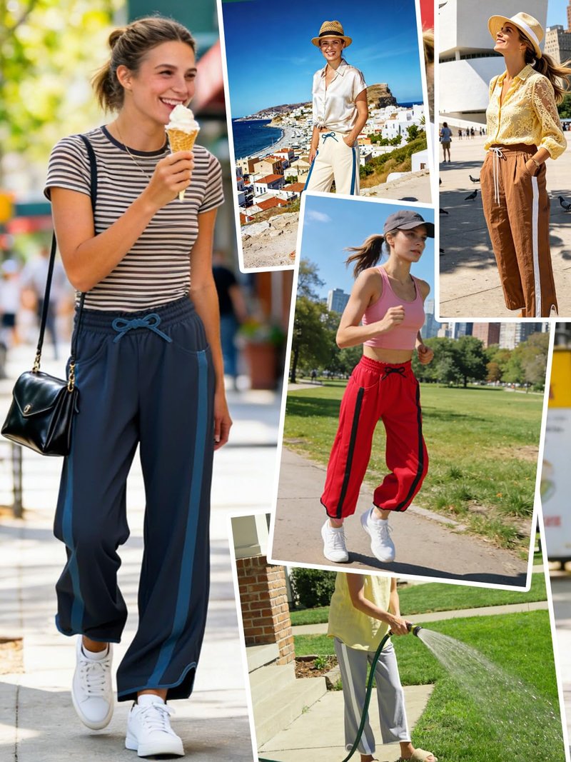 Putysenxi Workout Casual Womens Pants Wide Leg Baggy Elastic Waisted Stripes Track Pockets Y2K Trendy Activewear Black