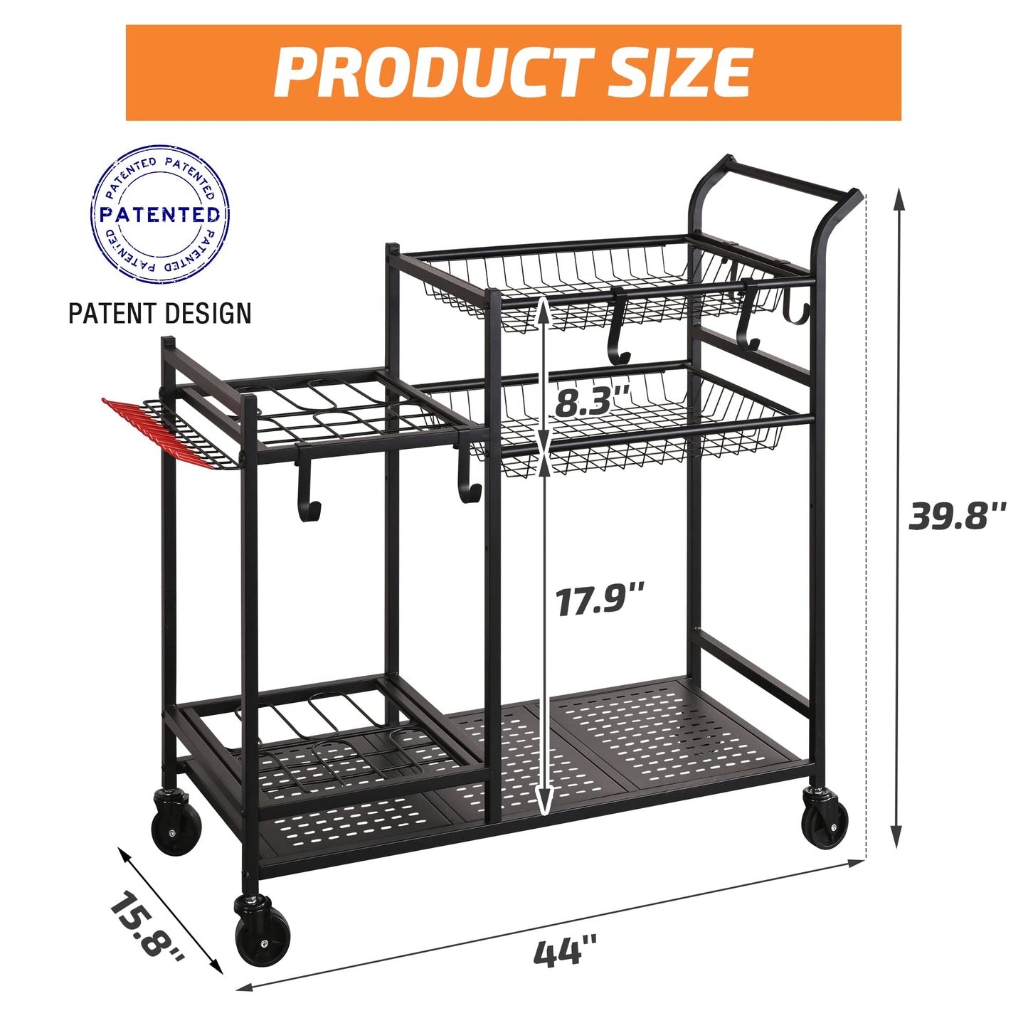 PLKOW Rolling Garden Tool Organizer with Shelves and Hooks, Black