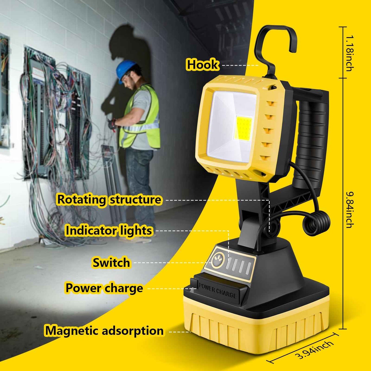 WENFENG Rechargeable LED Work Light, 3 Modes Rotate Spotlight Flashlight, Magnetic Base and Hook Mechanic Light, Waterproof Handheld Spot Light Searchlight for Outdoor, Repairing, Emergency