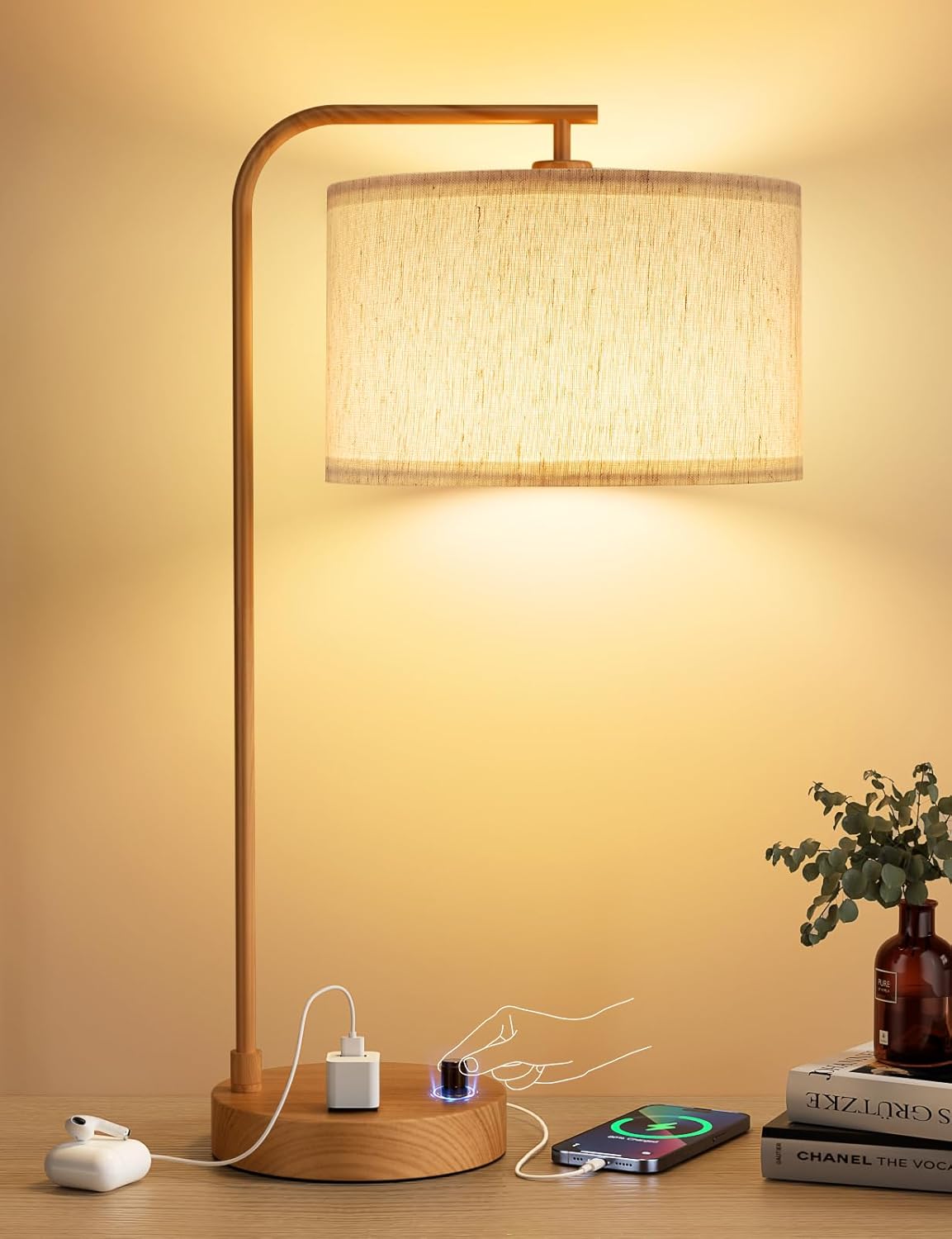 Dimmable Tall Table Lamp with USB Port & Outlet - Linen Shade Bedside Desk Lamp for Bedroom, Living Room, Home Office