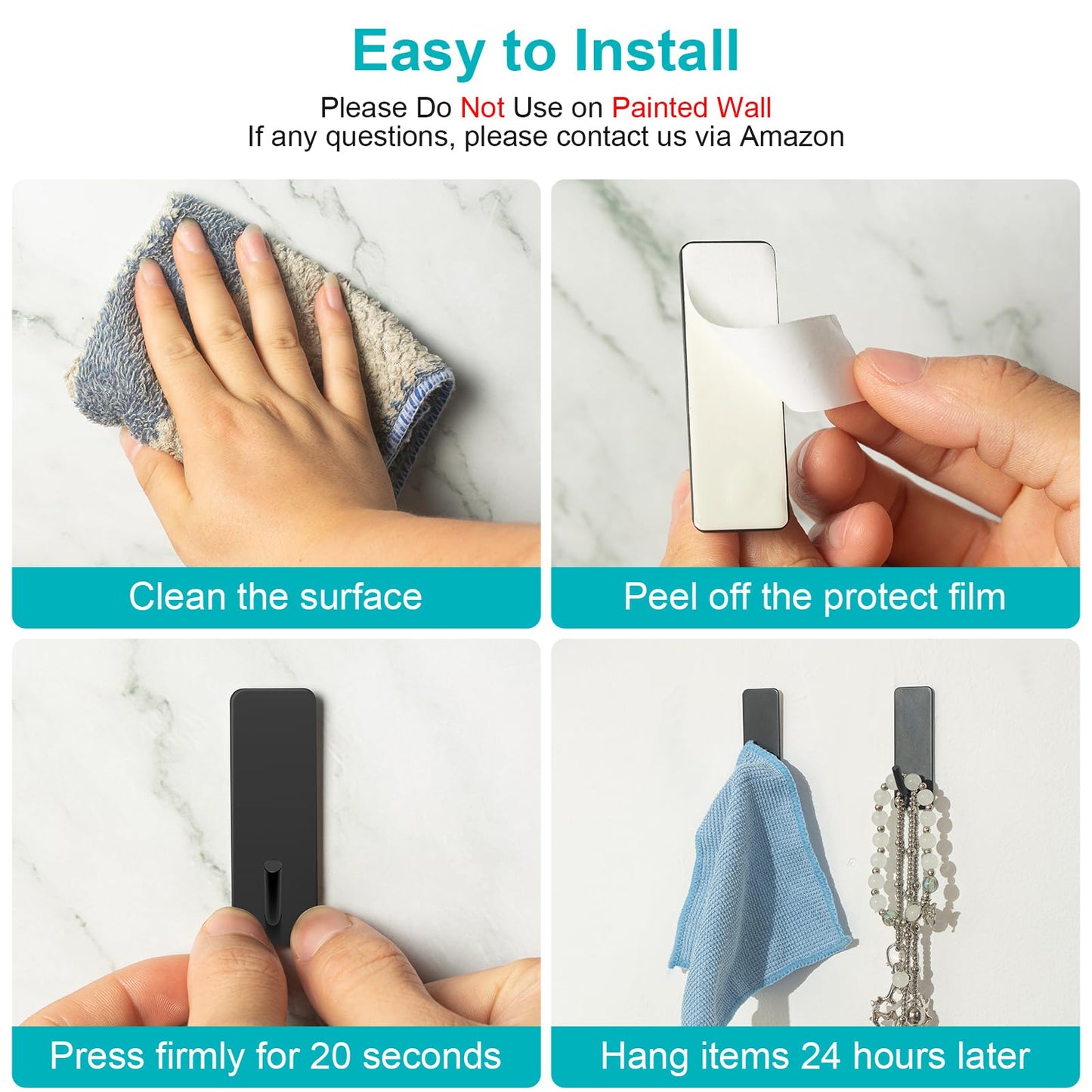 Quavzotu Small Self Adhesive Hooks for Walls No Damage, 6-Pack Stainless Steel Stick on Hooks for Hanging Towel Key Hat Bag Jewelry, Sticky Hangers for Kitchen Bathroom Door (Black(6pcs))